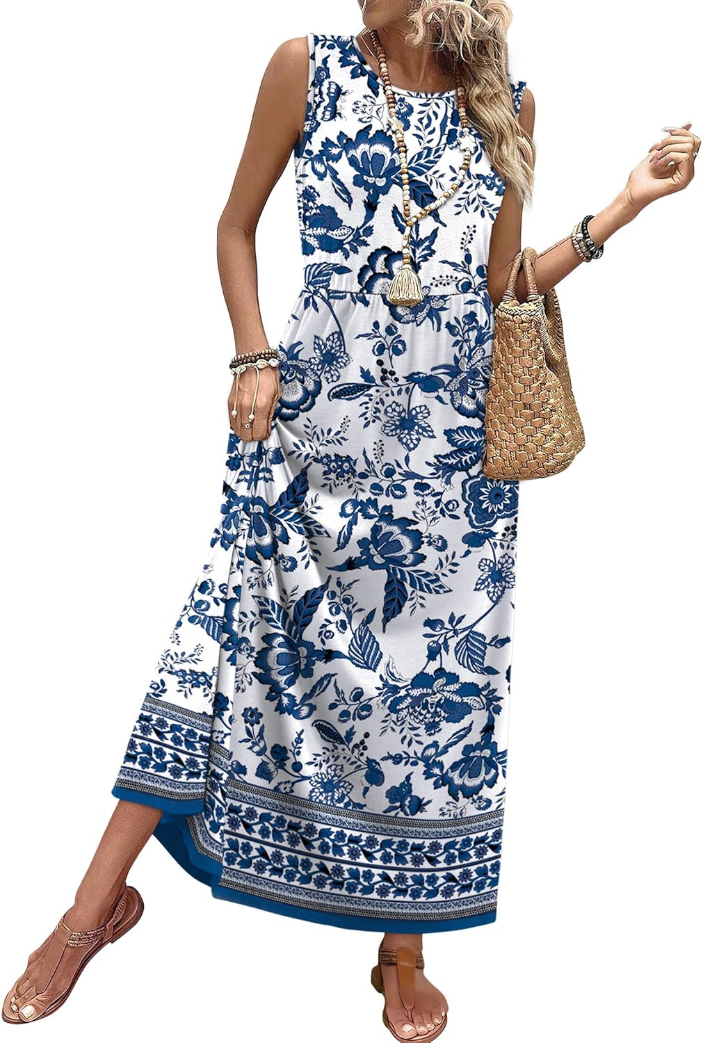 WIHOLL Summer Maxi Dress Flowy Sleeveless Sundress with Pockets