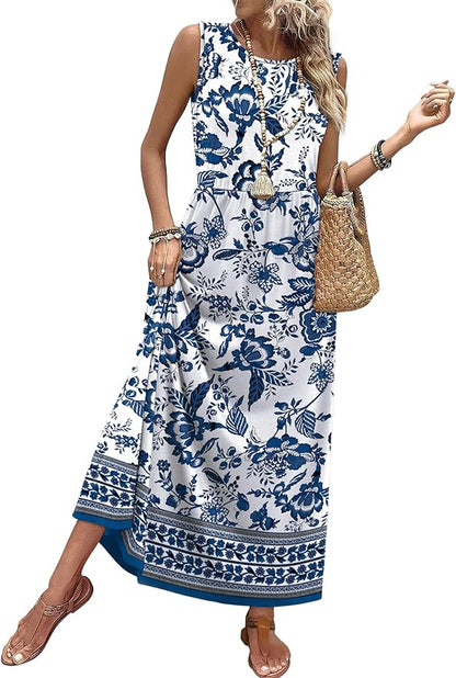 WIHOLL Summer Maxi Dress Flowy Sleeveless Sundress with Pockets