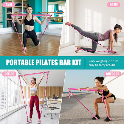 Adjustable 3-Section Pilates Bar Kit with Resistance Bands Unisex Pink
