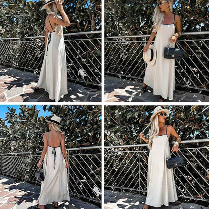Shy Velvet Linen Maxi Dress Contrast Spaghetti Strap Backless Summer