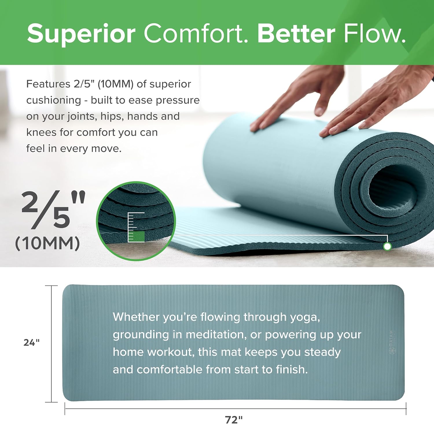 Thick Yoga Mat Pilates Exercise 0.4in Workout Mat with Carrying Strap Green