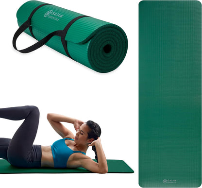 Thick Yoga Mat Pilates Exercise 0.4in Workout Mat with Carrying Strap Green