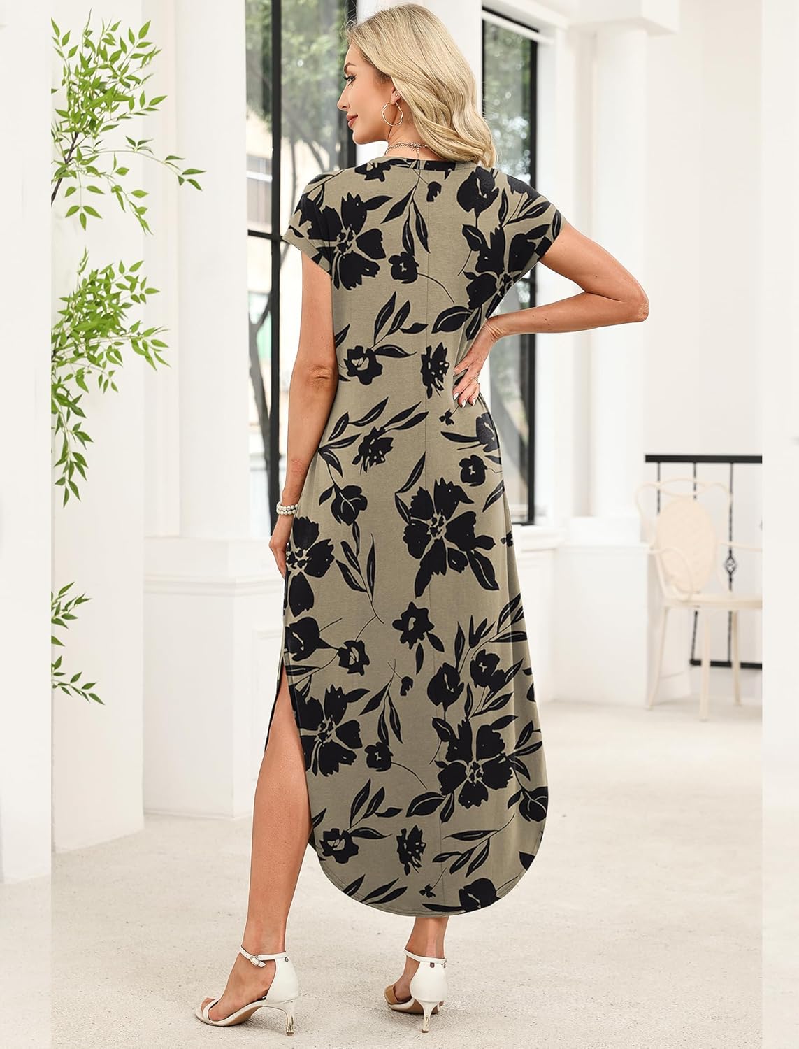 WIHOLL Crewneck Maxi Dress Cap Sleeve Casual with Pockets