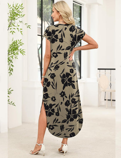 WIHOLL Crewneck Maxi Dress Cap Sleeve Casual with Pockets