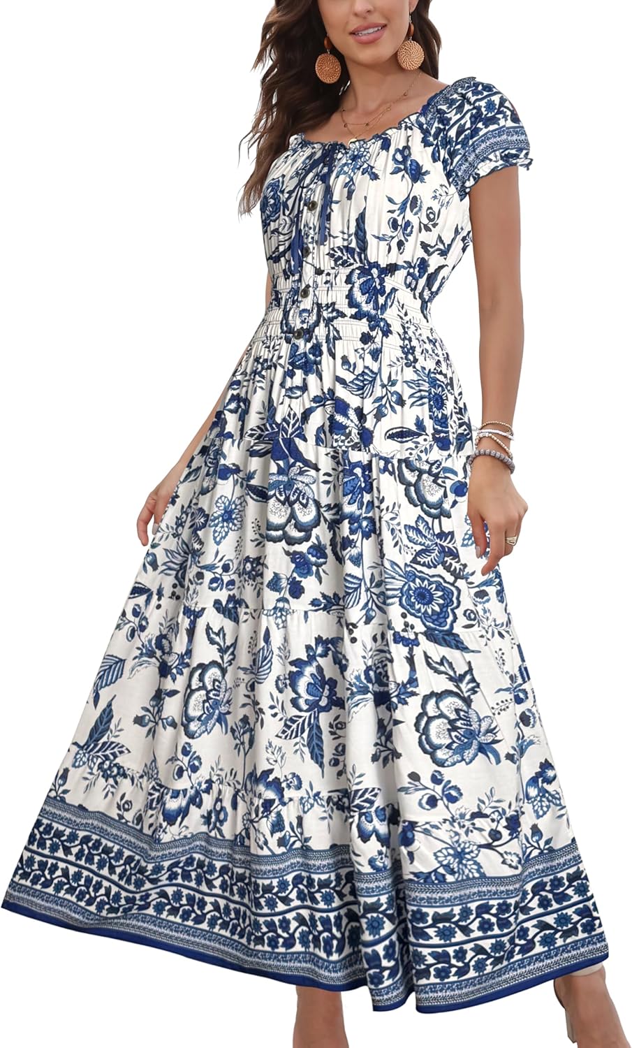 OSTOO Womens Boho Floral Maxi Dress Vintage Style Short Sleeves