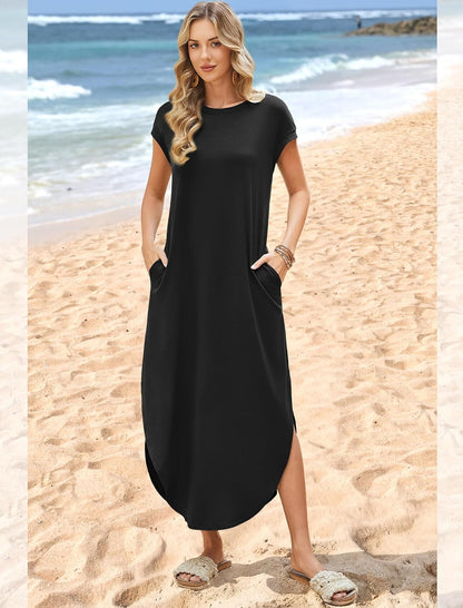 WIHOLL Crewneck Cap Sleeve Maxi Dress with Pockets