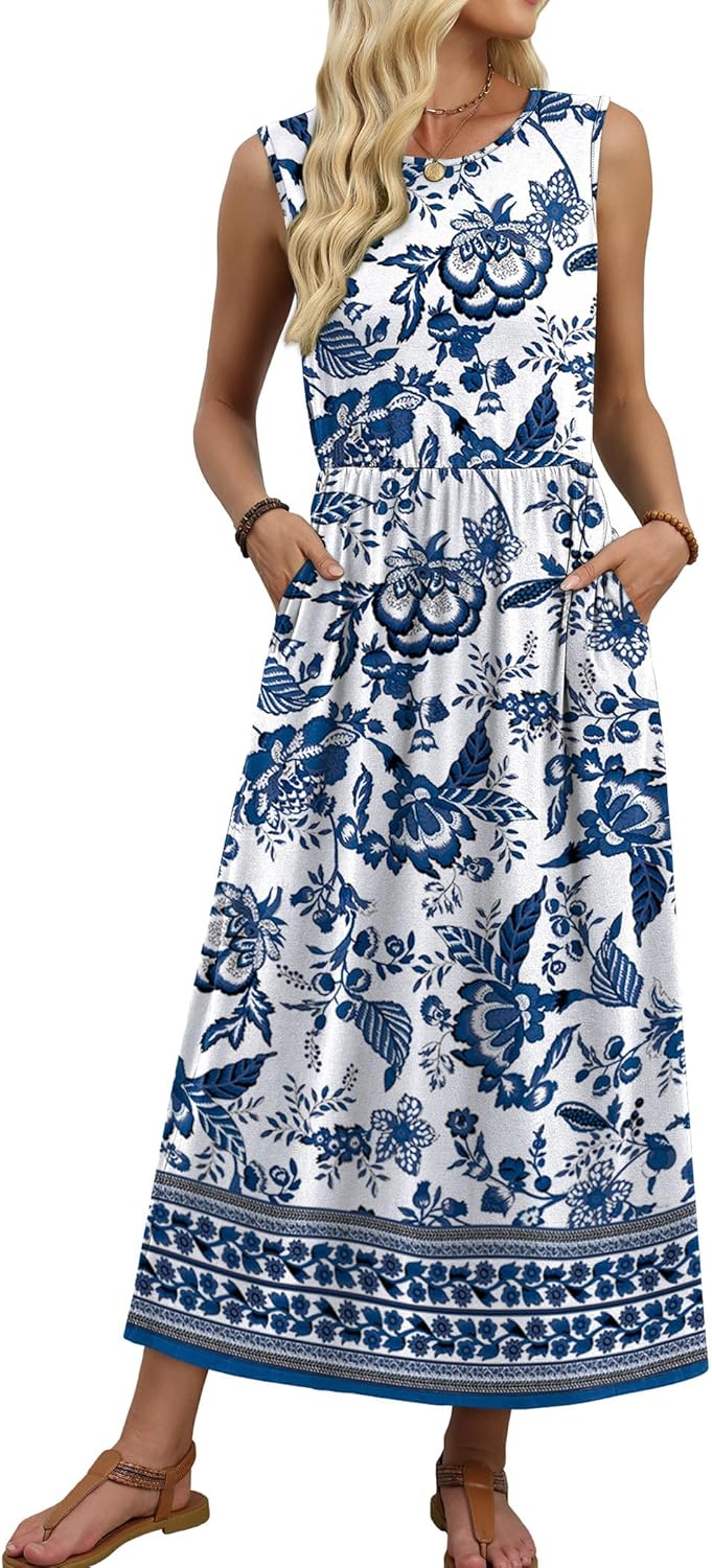 WIHOLL Summer Maxi Dress Flowy Sleeveless Sundress with Pockets
