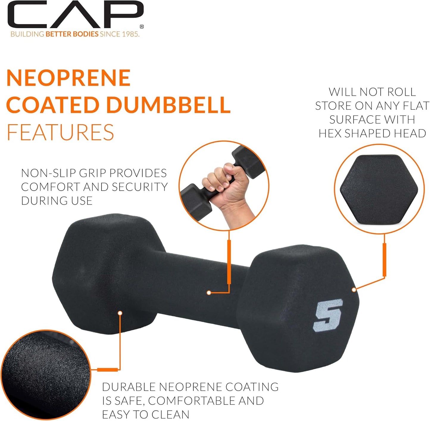 Neoprene Coated Dumbbell Weights Pair 5 lb Hexagonal Black