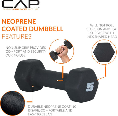 Neoprene Coated Dumbbell Weights Pair 5 lb Hexagonal Black
