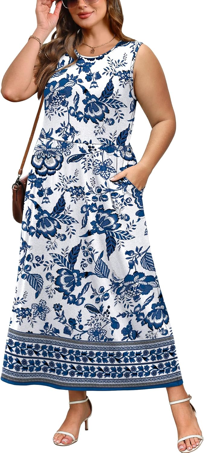 WIHOLL Sleeveless A-Line Maxi Dress with Pockets Flowy Summer Sundress