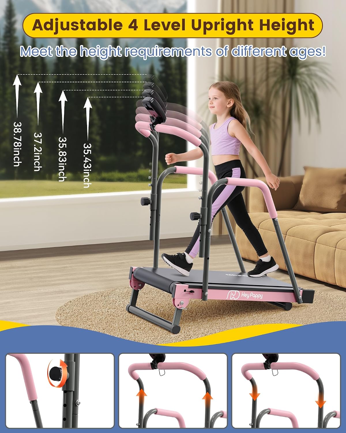 Manual Kids Treadmill with Adjustable Handlebar 165lbs Capacity Pink