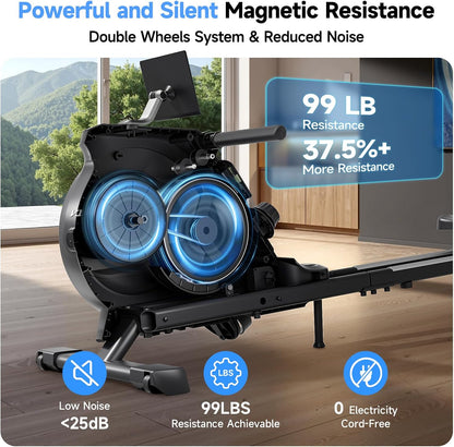 Magnetic Rowing Machine 16-Level Silent Resistance 350lb Capacity Foldable Black