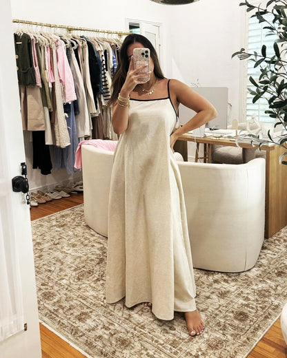 Shy Velvet Linen Maxi Dress Contrast Spaghetti Strap Backless Summer