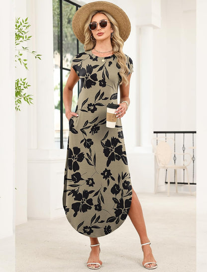 WIHOLL Crewneck Maxi Dress Cap Sleeve Casual with Pockets