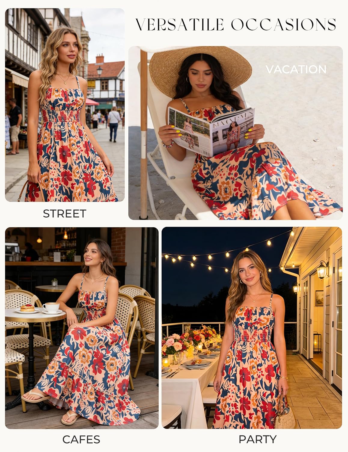 GRACE KARIN Smocked Floral Maxi Dress Boho Sleeveless Beach Sundress