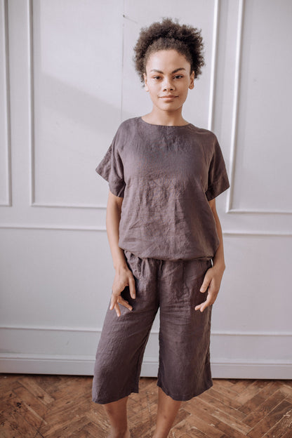 LenokLinen Women's Linen Pajama Set Cropped Pants Short Sleeve Tee