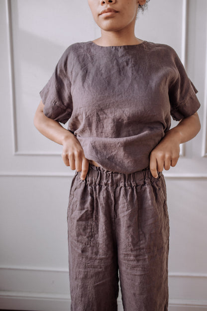 LenokLinen Women's Linen Pajama Set Cropped Pants Short Sleeve Tee