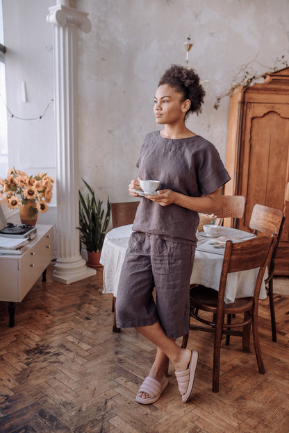 LenokLinen Women's Linen Pajama Set Cropped Pants Short Sleeve Tee