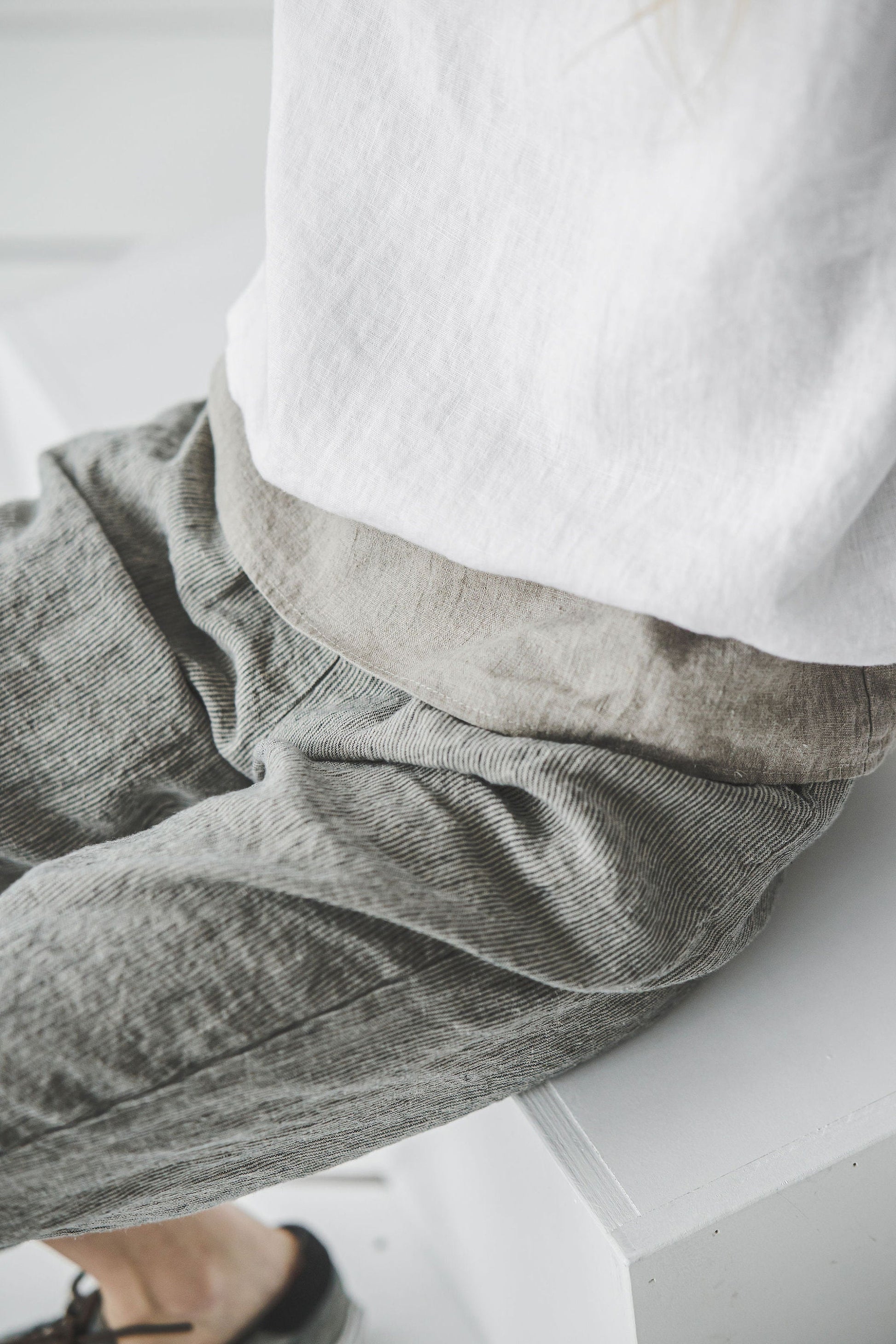 OldLinenMill Relaxed Trousers Soft Wash Elastic Waist Casual Pants