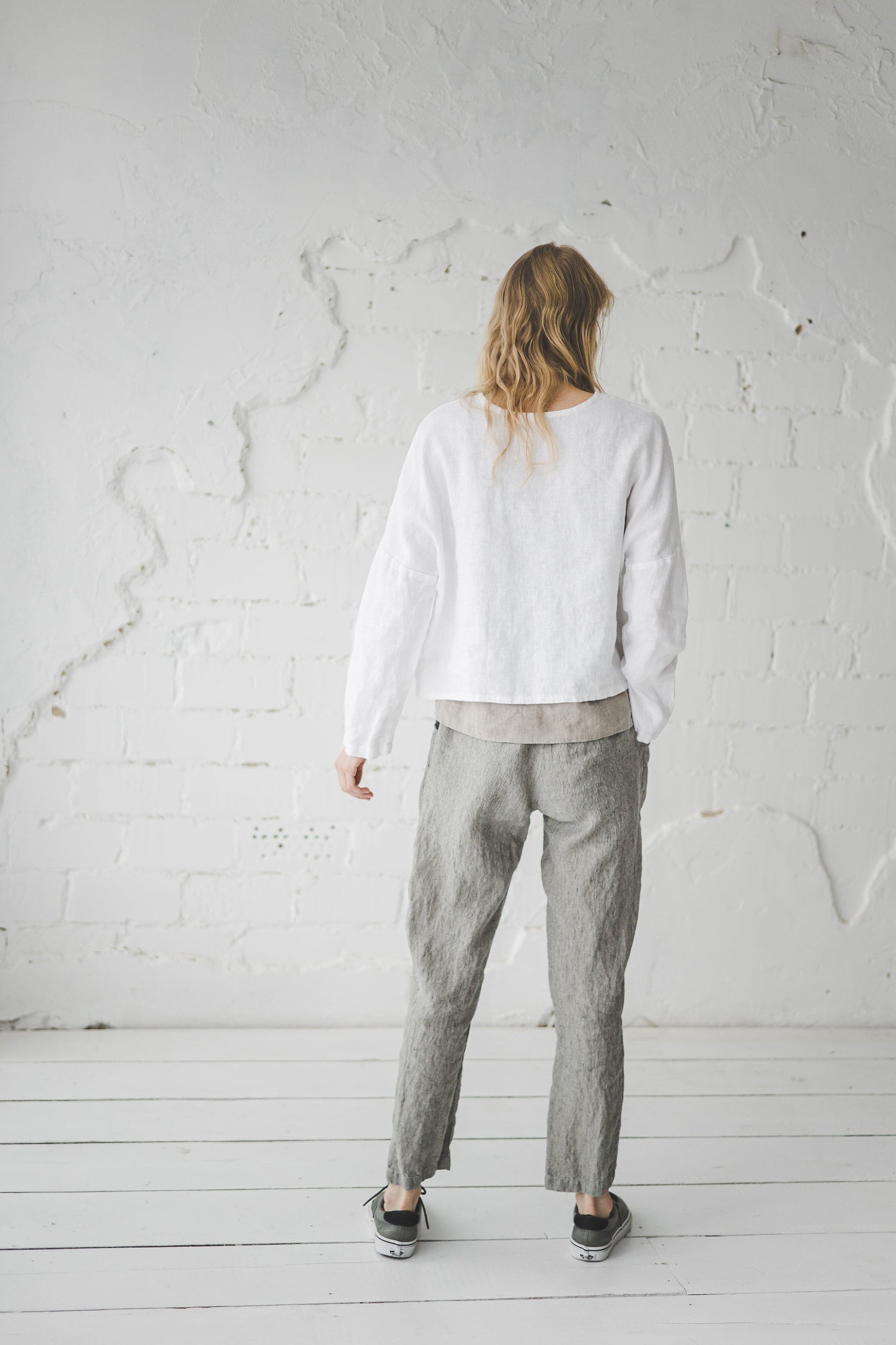 OldLinenMill Relaxed Trousers Soft Wash Elastic Waist Casual Pants