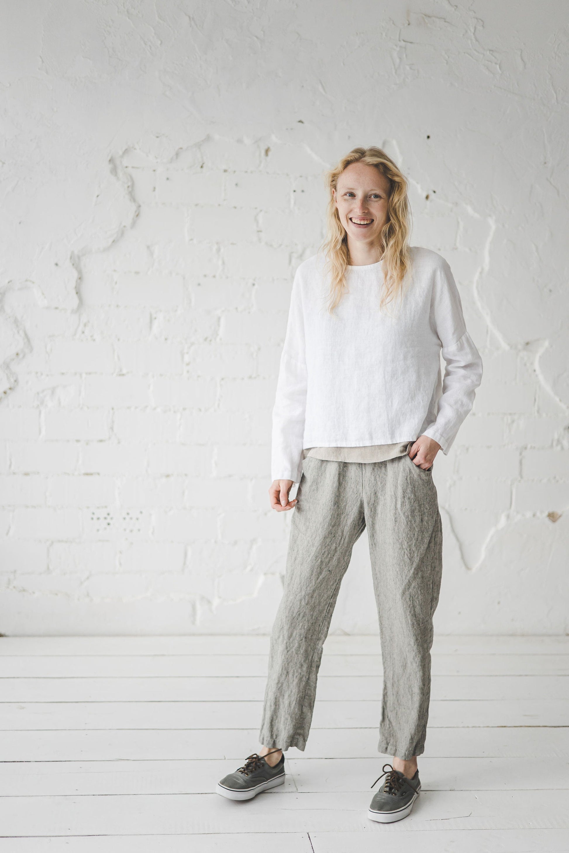 OldLinenMill Relaxed Trousers Soft Wash Elastic Waist Casual Pants