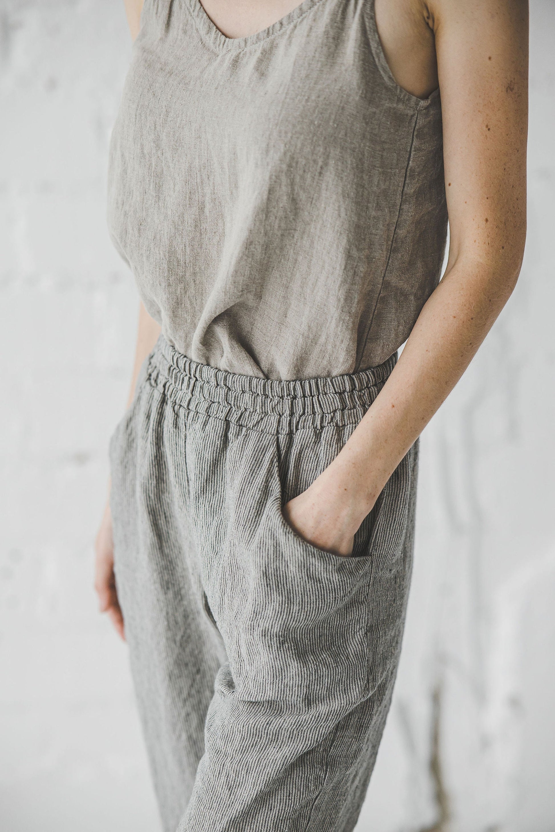 OldLinenMill Relaxed Trousers Soft Wash Elastic Waist Casual Pants