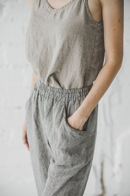 OldLinenMill Relaxed Trousers Soft Wash Elastic Waist Casual Pants