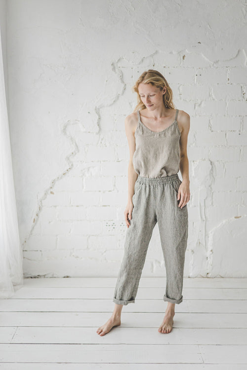 OldLinenMill Relaxed Trousers Soft Wash Elastic Waist Casual Pants