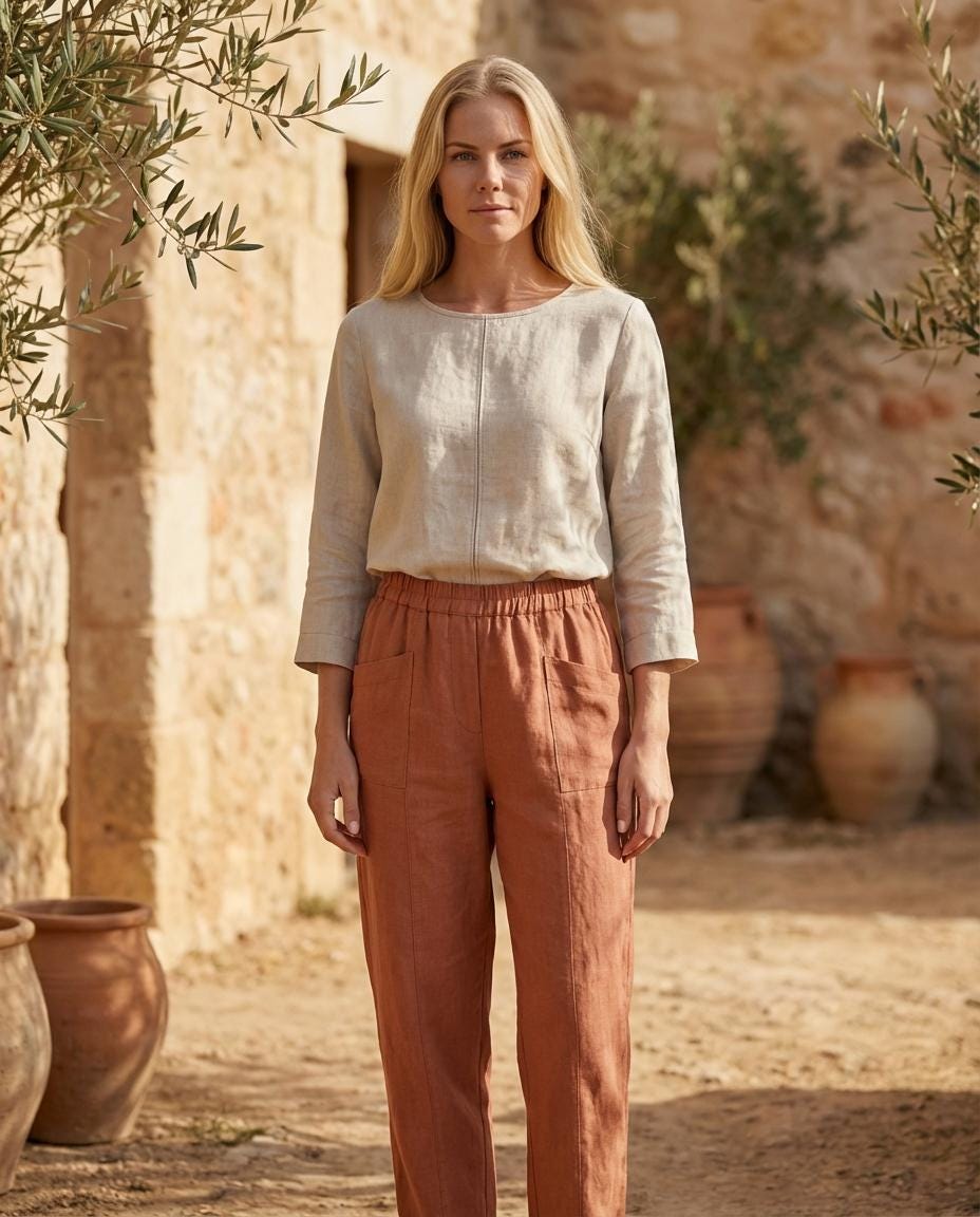 Linenia Women's High-Waist Linen Pants with Embroidered Flowers