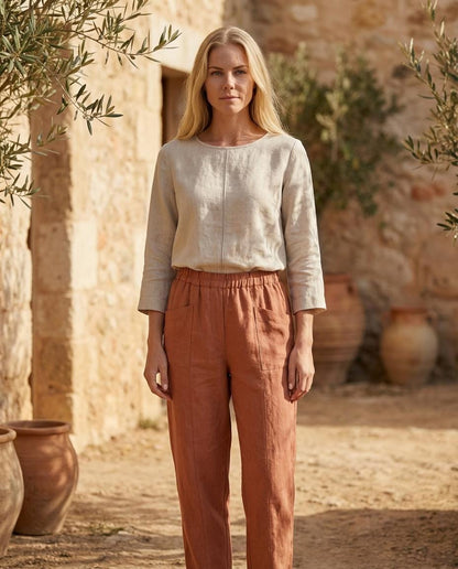 Linenia Women's High-Waist Linen Pants with Embroidered Flowers