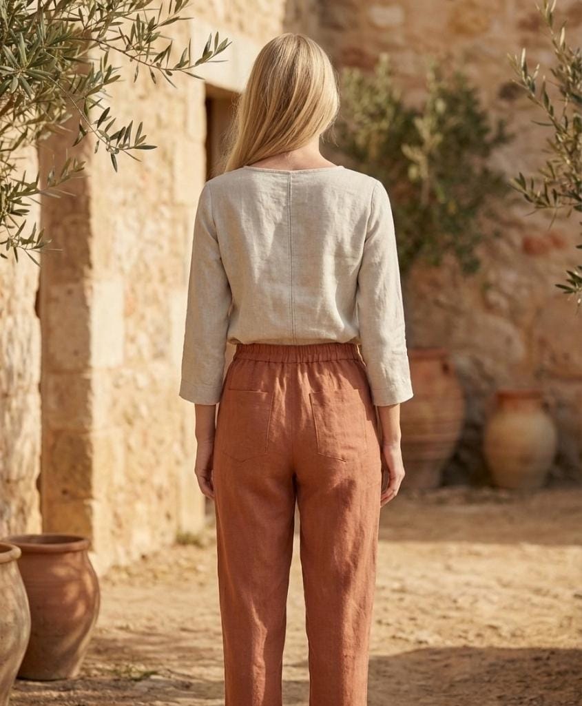 Linenia Women's High-Waist Linen Pants with Embroidered Flowers