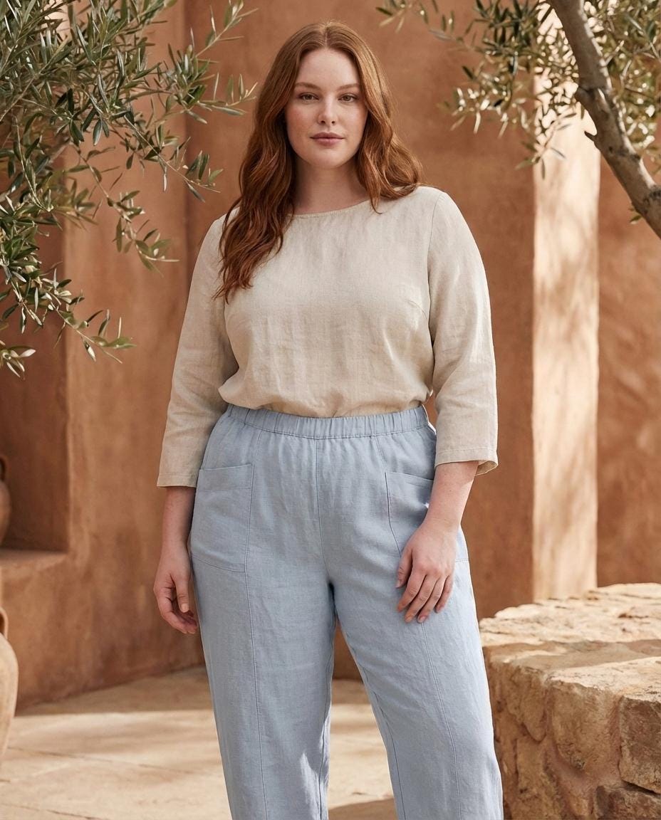 Linenia Women's High-Waist Linen Pants with Embroidered Flowers