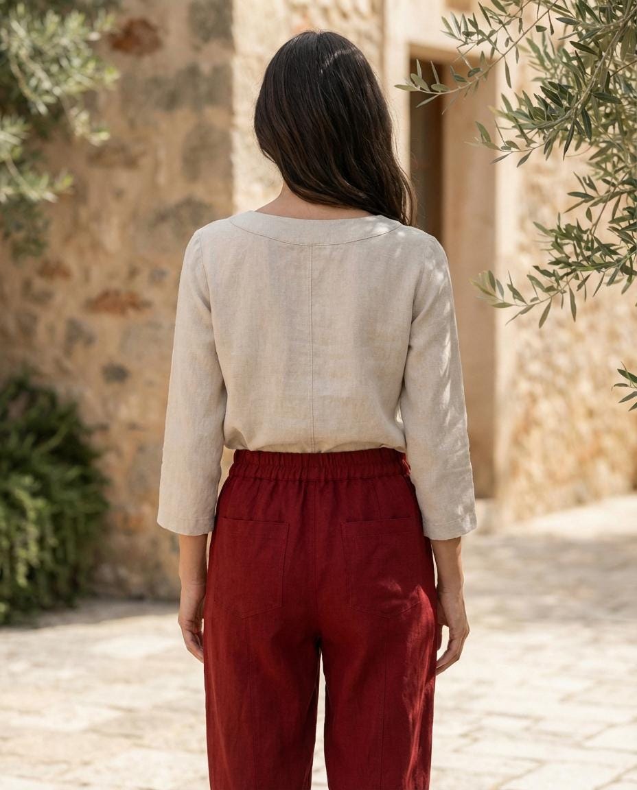 Linenia Women's High-Waist Linen Pants with Embroidered Flowers