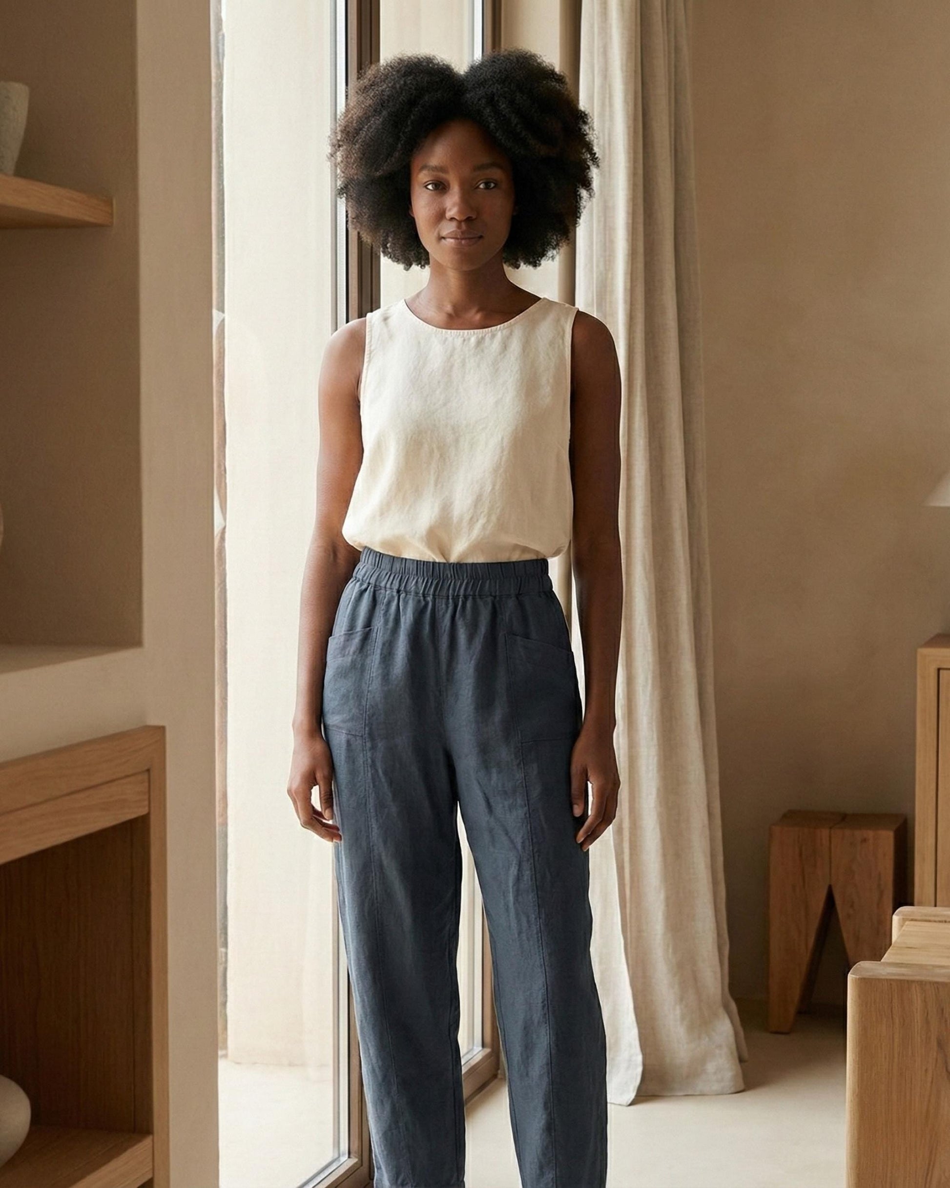 Linenia Women's High-Waist Linen Pants with Embroidered Flowers