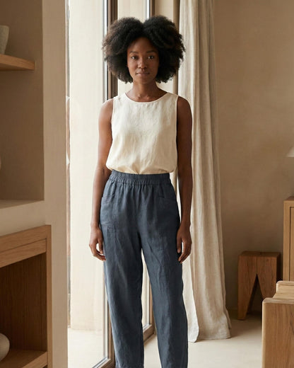 Linenia Women's High-Waist Linen Pants with Embroidered Flowers