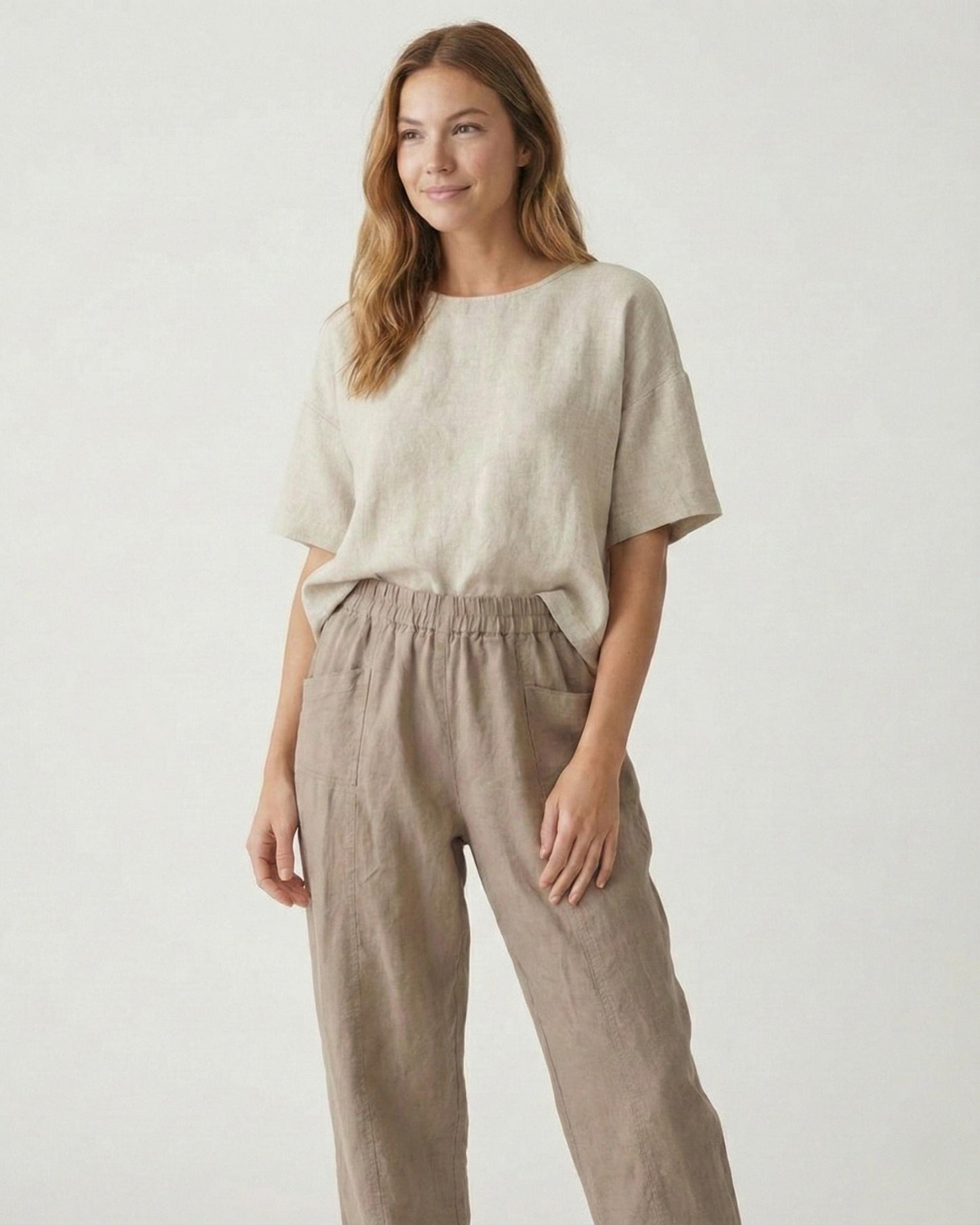 Linenia Women's High-Waist Linen Pants with Embroidered Flowers