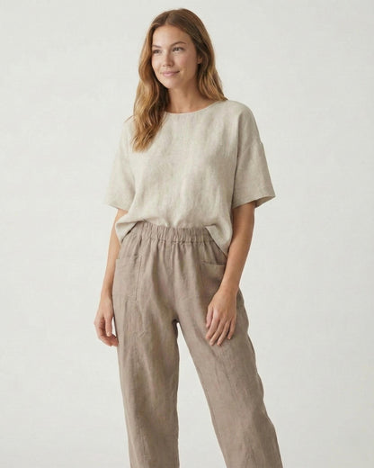 Linenia Women's High-Waist Linen Pants with Embroidered Flowers