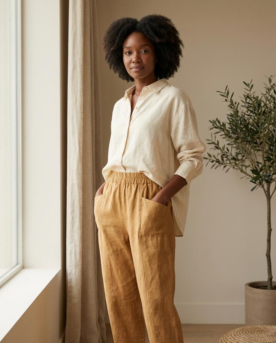 Linenia Women's High-Waist Linen Pants with Embroidered Flowers