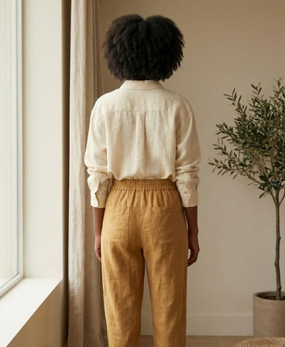 Linenia Women's High-Waist Linen Pants with Embroidered Flowers
