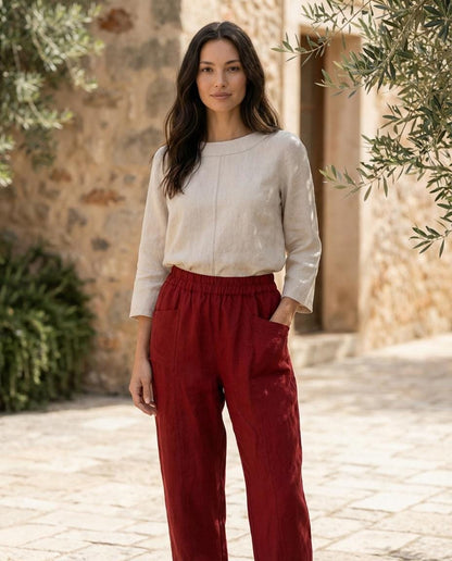 Linenia Women's High-Waist Linen Pants with Embroidered Flowers