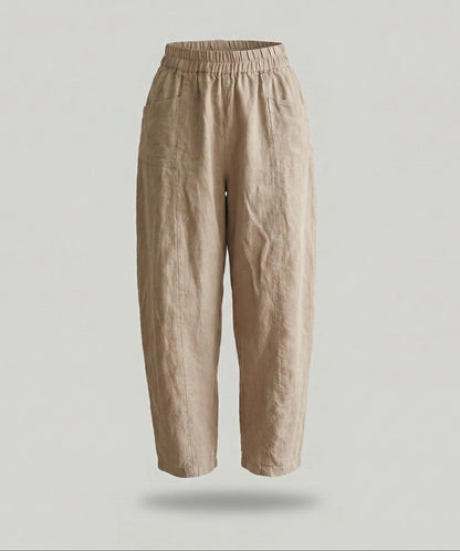 Linenia Women's High-Waist Linen Pants with Embroidered Flowers