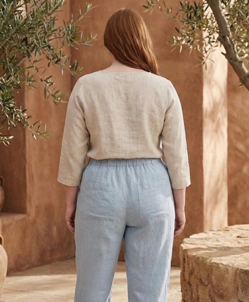 Linenia Women's High-Waist Linen Pants with Embroidered Flowers