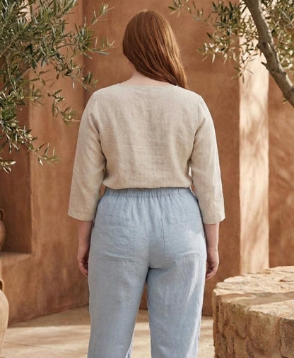 Linenia Women's High-Waist Linen Pants with Embroidered Flowers