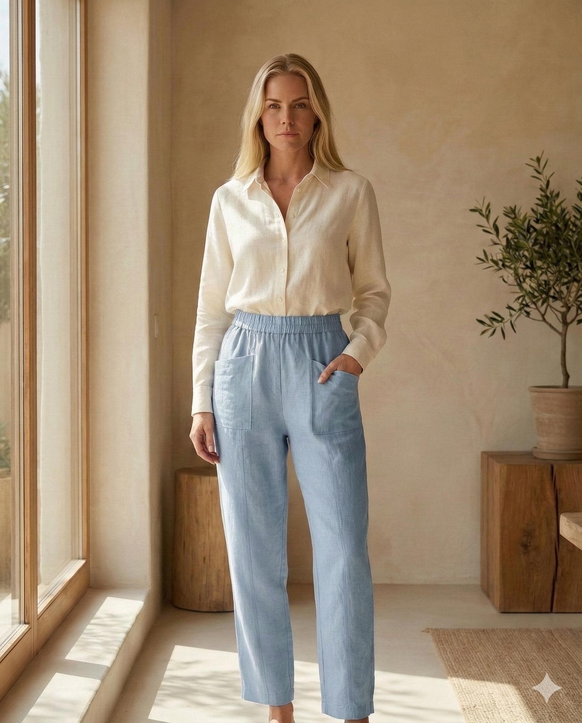 Linenia Women's High-Waist Linen Pants with Embroidered Flowers