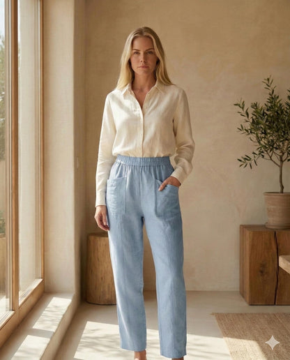 Linenia Women's High-Waist Linen Pants with Embroidered Flowers