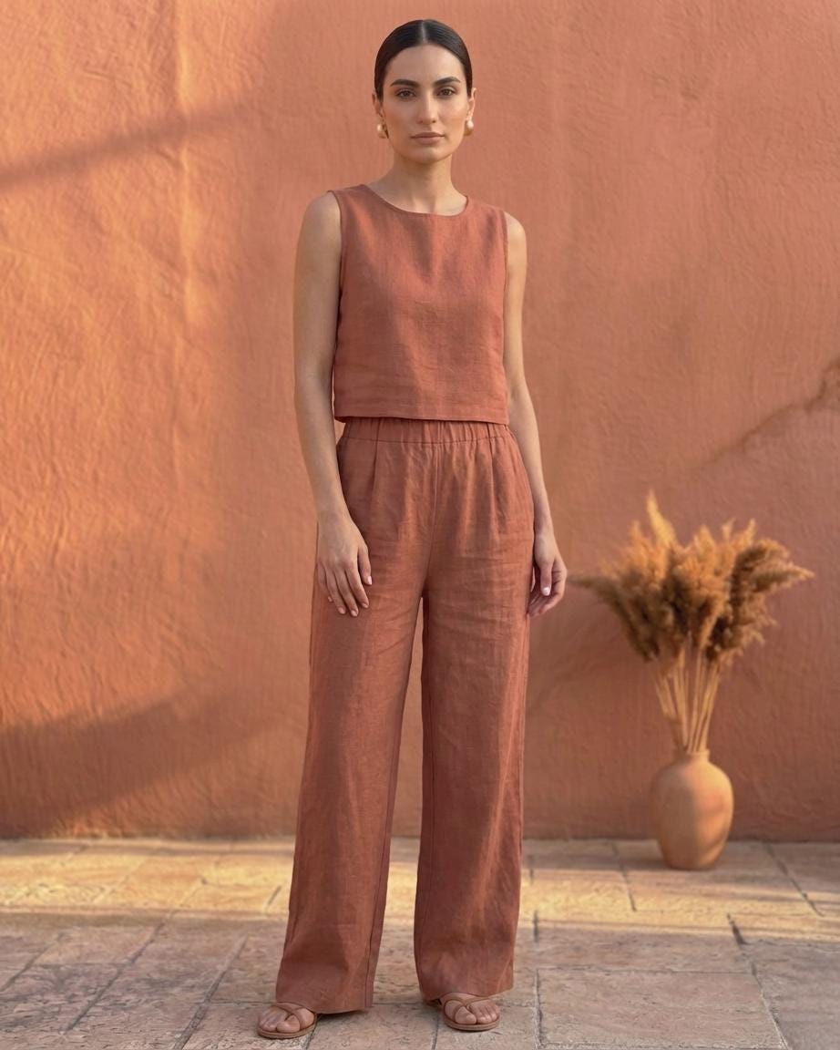 Artensy Women's Linen Palazzo Pants High Waist Relaxed Fit Culottes