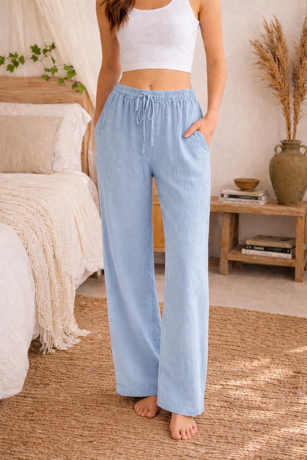 Linen Trousers Women Relaxed Fit Drawstring Wide Leg Pants