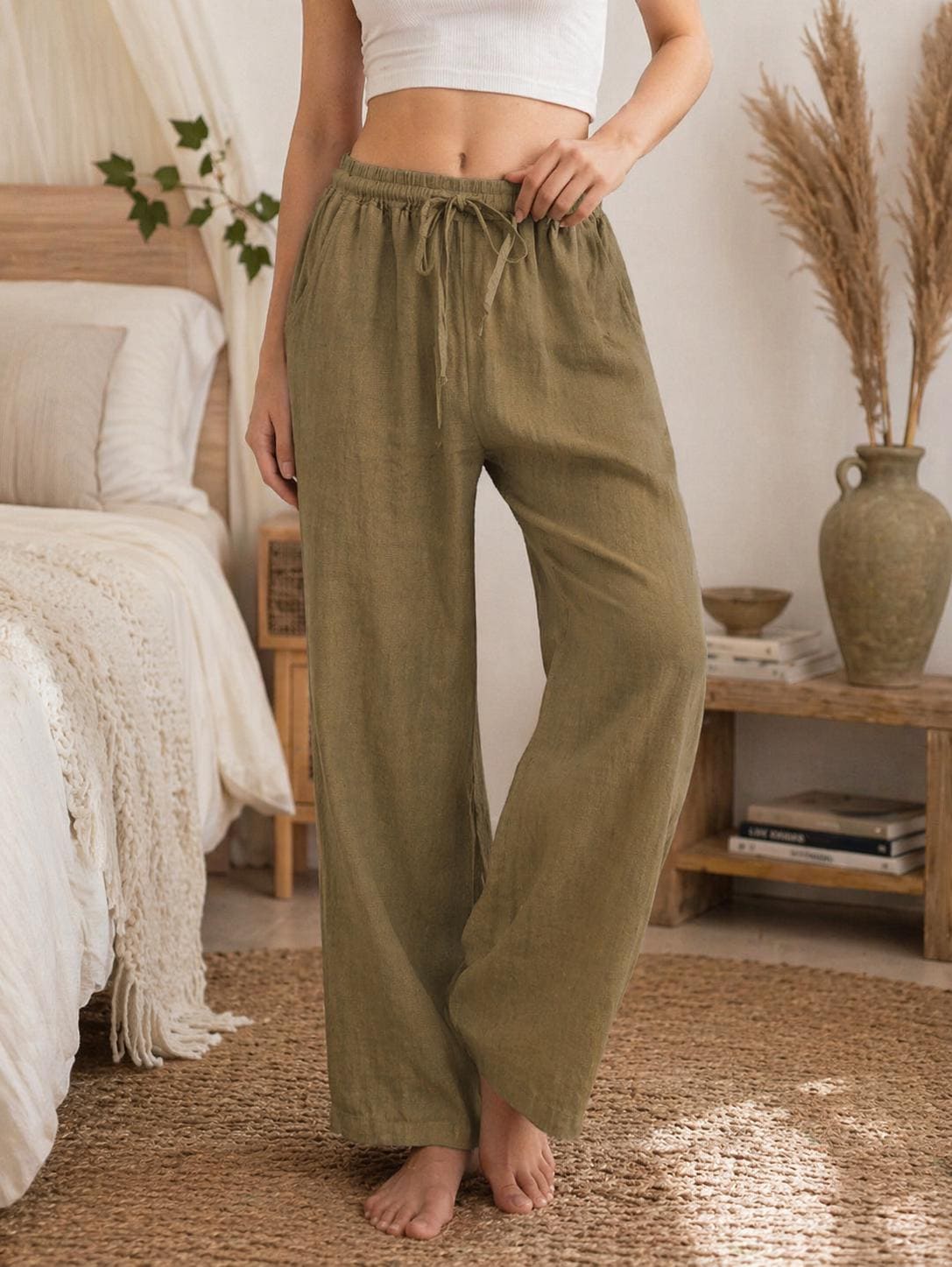 Linen Trousers Women Relaxed Fit Drawstring Wide Leg Pants
