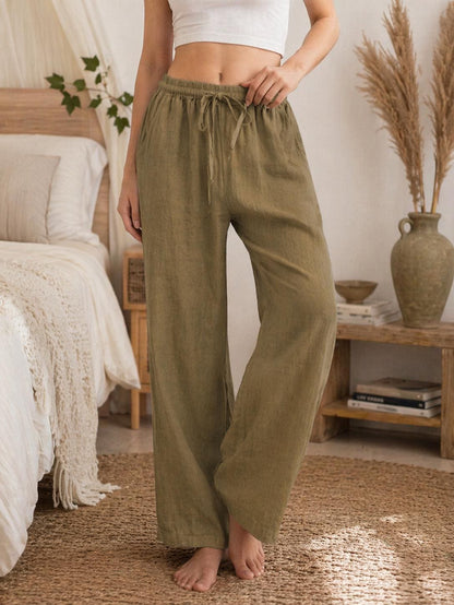 Linen Trousers Women Relaxed Fit Drawstring Wide Leg Pants