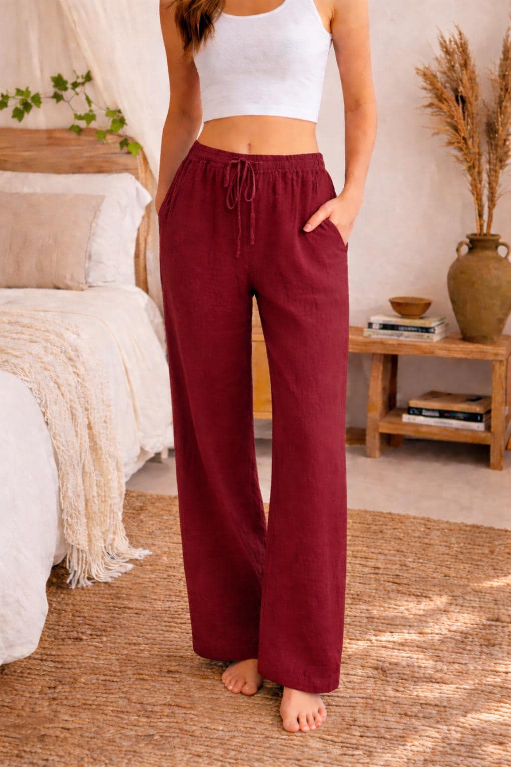 Linen Trousers Women Relaxed Fit Drawstring Wide Leg Pants